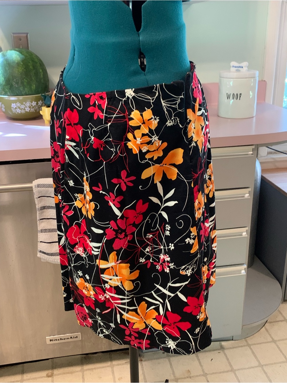 Vintage Notations Black Midi Skirt with Red & Orange Floral Print, Never Worn